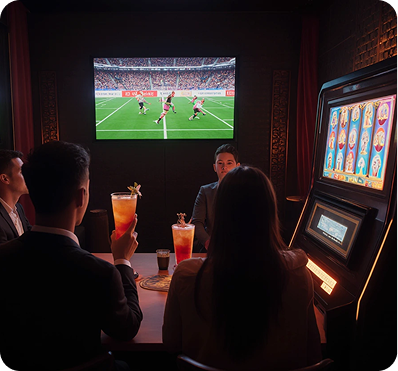 Personas en un ambiente de bar con pantalla de hockey y máquinas recreativas