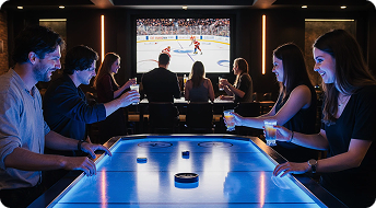 Grupo de personas jugando hockey sobre mesa con emoción